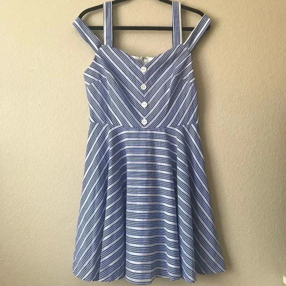 Striped City Studio Button Front Off Shoulder Dress - Picture 1 of 5